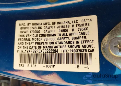 2014 Honda Civic Lx from USA, damaged, VIN 19XFB2F5XEE222594